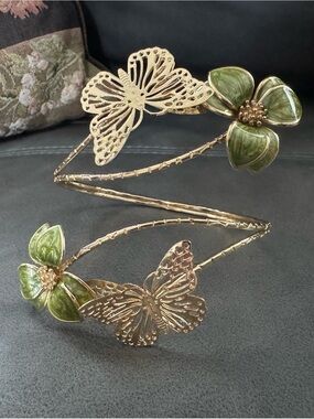 Arm cuff Gold Butterfly & Green Floral Spiral Bracelet